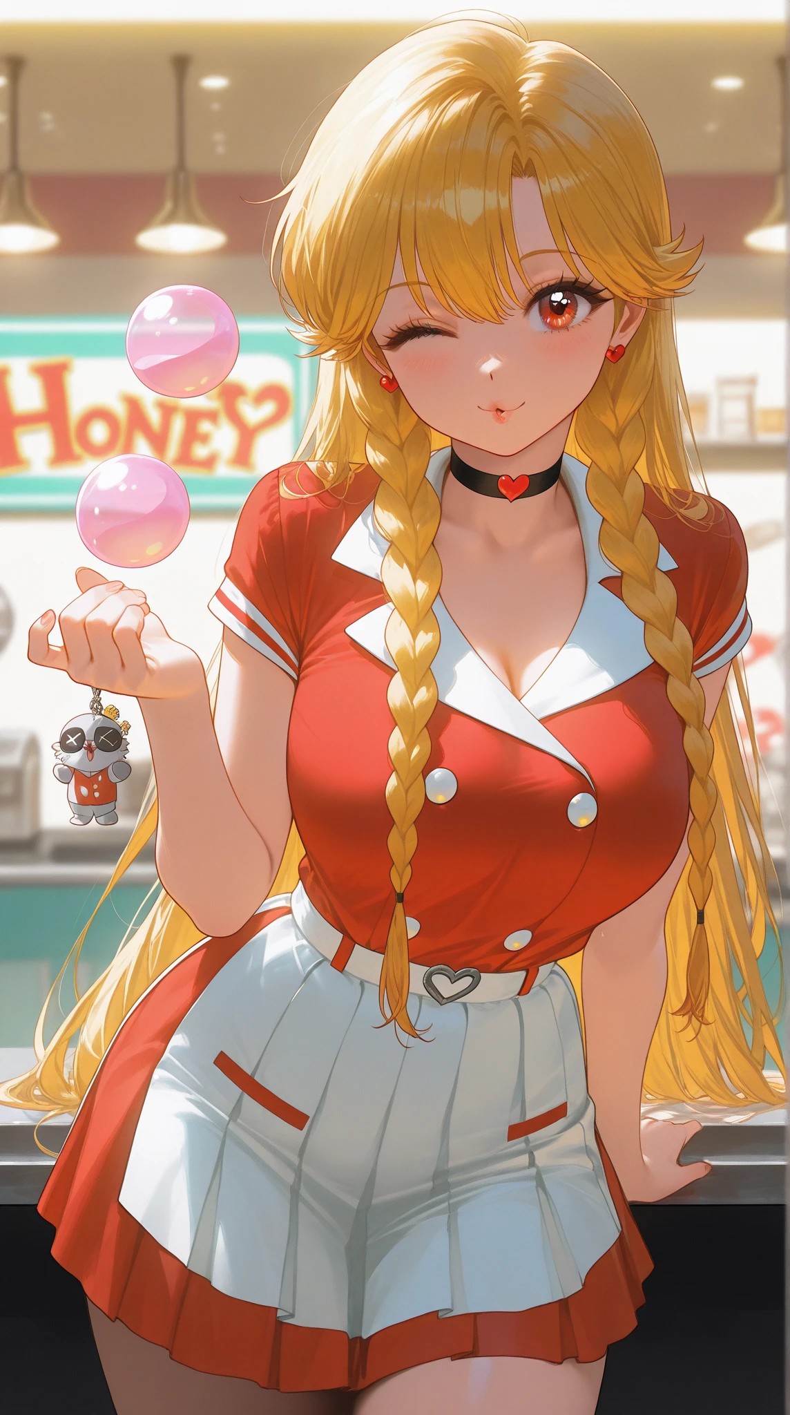 blush, glowing aura, natural light, masterpiece, glossy skin, juicy lips , ,sexy, hot, , evil,juicy lips, bimbo, hour glass, blonde hair, wide eyes, green eyes, massive boobs, dark lighting, long hair, pink bow, platform shoes, bow in hair, golden round glasses, sandy blonde hair, bimbo, cute, evil smile, no hair on forehead, no fringe, juicy lips, red shirt, fast food worker, name tag, hat, scarf tie, yellow scarf tie, holding food and drink, holding tray of food, black striped jeans,