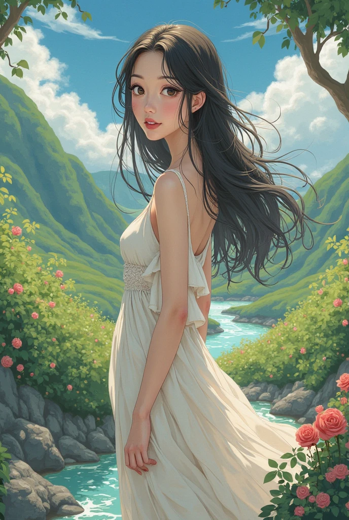 masterpiece, superlative, high resolution, 1girl, long hair, mid-chest, slip dress, (elegant,) from side, looking back, upper body, partially immersed, flower, antique architecture, outdoor, flower in the sky