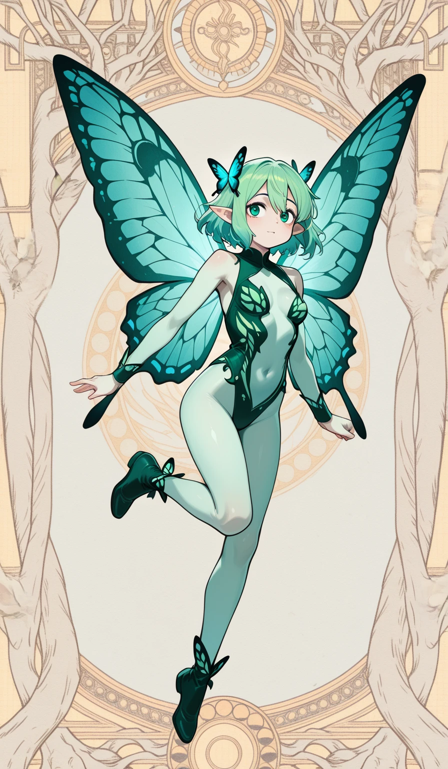 masterpiece, best quality, from below, (pule skin:1.3), (Mothgirl:1.4), float, full body , (wings:1.15), green hair, long hair , yellow eyes, barefoot, forest, glowing butterfly, (light particle:1.6),
