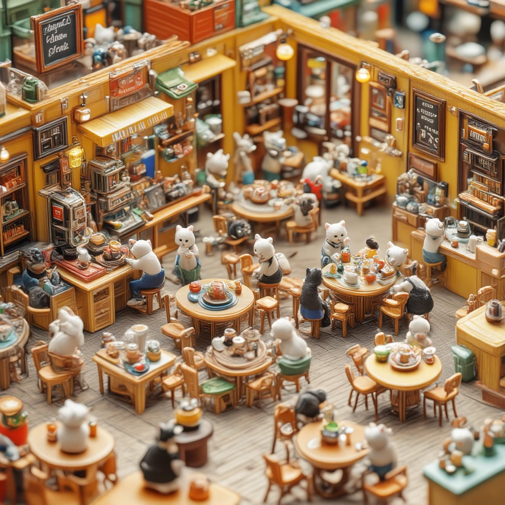 The Busy Meow Café – Coffee, Cats & Chaos”

AI Art Prompt (Bright Colors, Miniature Style):

"A vibrant miniature cat café interior, buzzing with energy and packed with tiny black and white cats. The café is a cozy, playful space with bright color themes — vivid yellow, orange, and green dominate the furniture and decor.

Inside, there are three round tables, each surrounded by seven small chairs in a perfect circle. Every chair is occupied by a mini black cat, sipping coffee, eating chocolate, or chatting with paw gestures. The tables are full — mugs, chocolate pieces, milk saucers, and small napkins scattered like a real busy café.

At the counter, two white cats in mini aprons are preparing coffee behind a small, cartoon-style espresso machine. One pours milk with intense focus while the other stacks cups. Behind them, a chalkboard reads: “Coffee So Cheap, Even Dogs Are Jealous (But Not Allowed!)”

Color palette:

Bright yellow, orange, and green for chairs, tables, and café walls

Black and white cats only

Clean, bold lines and flat minimalist shading

Small details: coffee steam rising, paw prints on the floor, tiny menu board, and a bell that says “Ring for Purrfection.”


The atmosphere is busy, fun, and full of life, like a feline Starbucks in rush hour — but cuter and cheaper."
