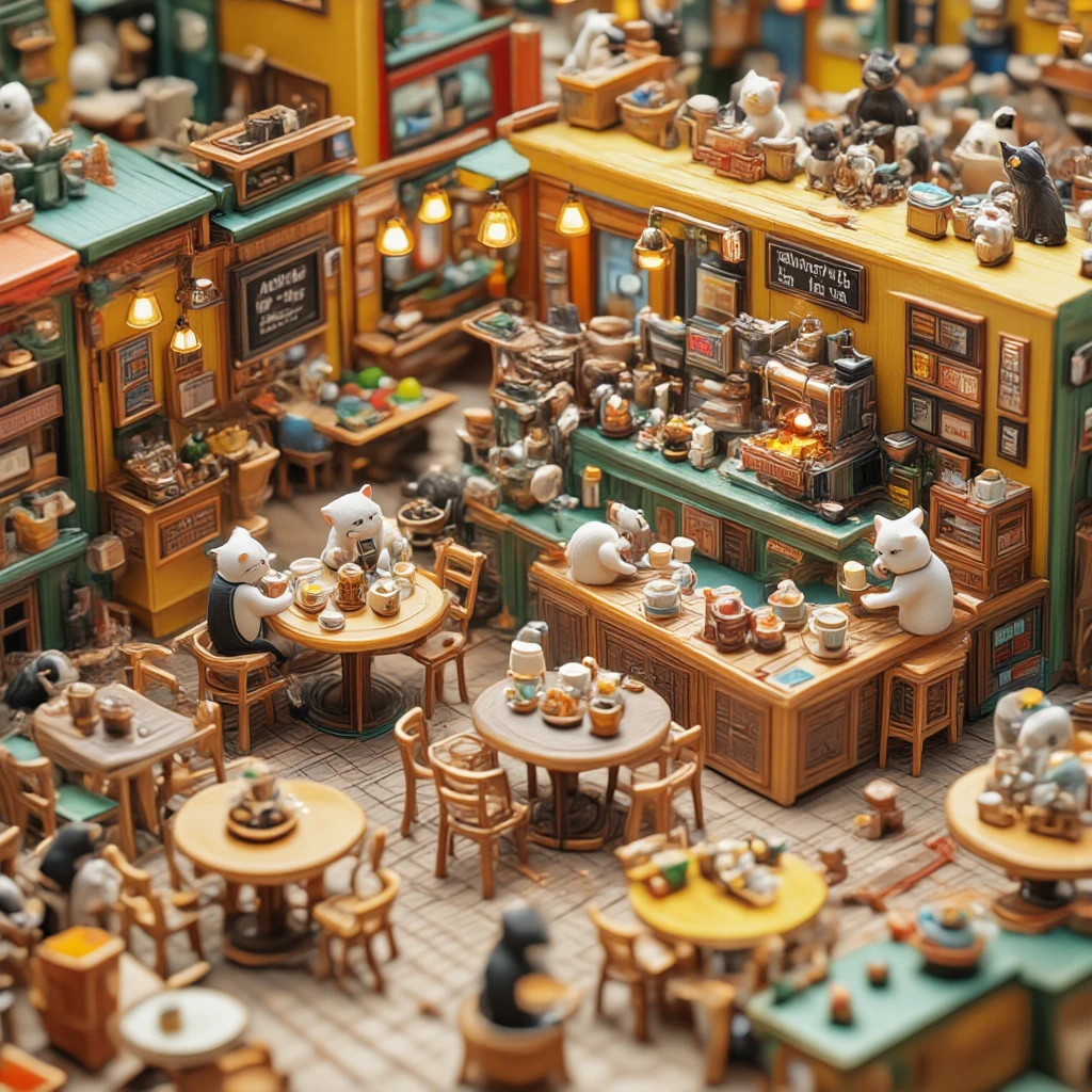 The Busy Meow Café – Coffee, Cats & Chaos”

AI Art Prompt (Bright Colors, Miniature Style):

"A vibrant miniature cat café interior, buzzing with energy and packed with tiny black and white cats. The café is a cozy, playful space with bright color themes — vivid yellow, orange, and green dominate the furniture and decor.

Inside, there are three round tables, each surrounded by seven small chairs in a perfect circle. Every chair is occupied by a mini black cat, sipping coffee, eating chocolate, or chatting with paw gestures. The tables are full — mugs, chocolate pieces, milk saucers, and small napkins scattered like a real busy café.

At the counter, two white cats in mini aprons are preparing coffee behind a small, cartoon-style espresso machine. One pours milk with intense focus while the other stacks cups. Behind them, a chalkboard reads: “Coffee So Cheap, Even Dogs Are Jealous (But Not Allowed!)”

Color palette:

Bright yellow, orange, and green for chairs, tables, and café walls

Black and white cats only

Clean, bold lines and flat minimalist shading

Small details: coffee steam rising, paw prints on the floor, tiny menu board, and a bell that says “Ring for Purrfection.”


The atmosphere is busy, fun, and full of life, like a feline Starbucks in rush hour — but cuter and cheaper."
