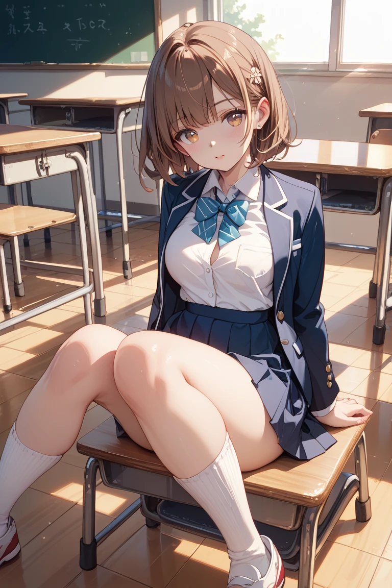 Girl sitting on chair reading book Eyes on the book A slightly difficult face。His legs were crossed and he was wearing a white shirt and shorts.