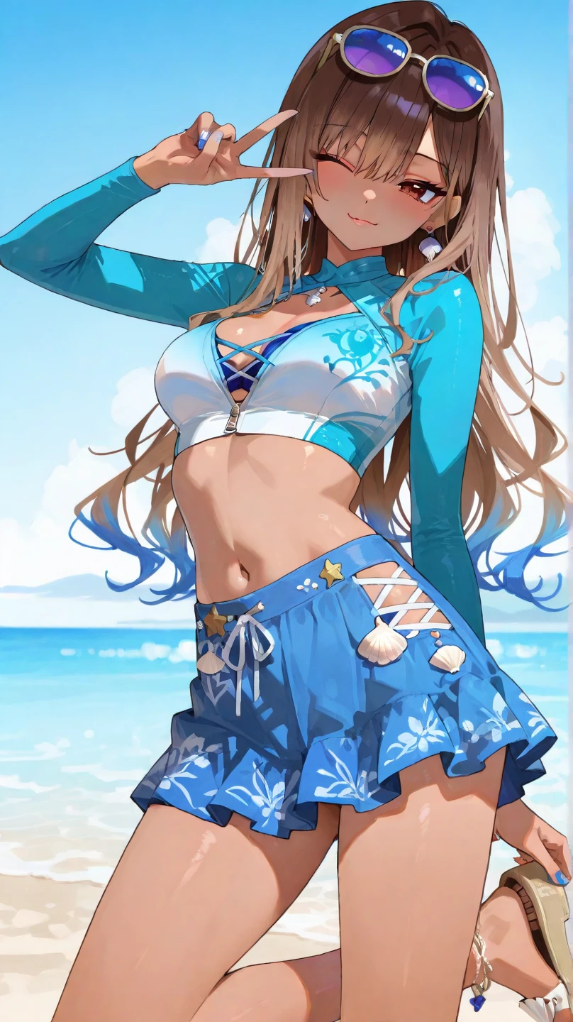 masterpiece, best quality, absurdres, perfect anatomy, cowboy shot, realistic lighting, close up, (nanashi mumei:1.3), virtual youtuber ,1girl, solo, looking at viewer, beach bikini, shawl ,wrap skirt, sunglasses, beach, palm tree, <lora:allVtubersLora_hll31:1>