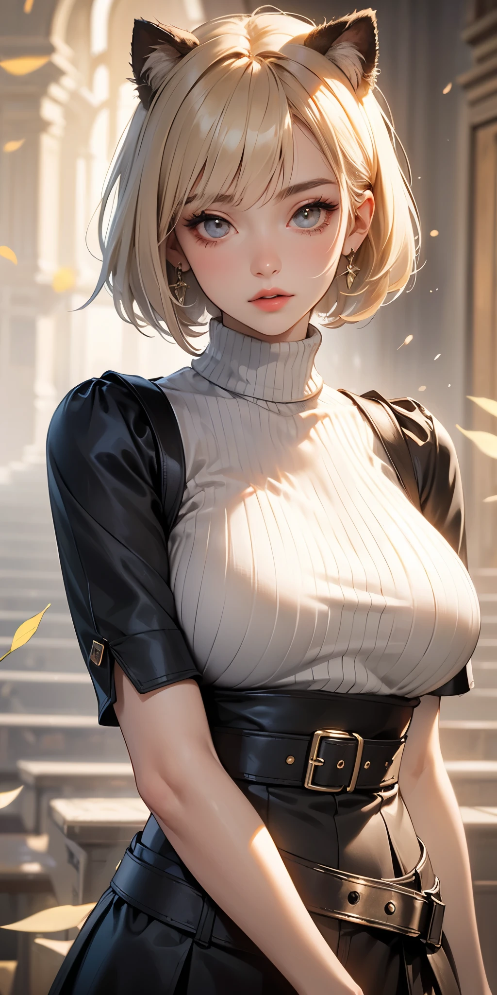 (thick thighs:1.5)(large breast:1.6)(saggy breast)(slim thick body) yorha no. 2 Type B, 1 girl, Oh!, (sale), old, neckline, neckline cutout, clothing trimming, green background, hair between the eyes, hair band, High resolution, juliet sleeves, long sleeves, nier (series), Nier Automata, puffy sleeves, Red lips, shadowed face, short hair, Alone, turtleneck, Upper part of the body, by white, sky