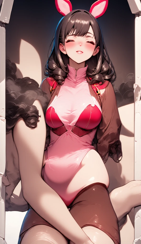 1 woman, , /(Brown hair/) By bangs, Be red in the face, (Masterpiece of the best quality:1.2) Exquisite illustrations and super detailed, pantyhose broken /(Modern house living room/) Indoors, (((small))), (((sitting on a cushion))), (((closeup cleavage))), (((nabel))), (((crotch))), (((Below)))