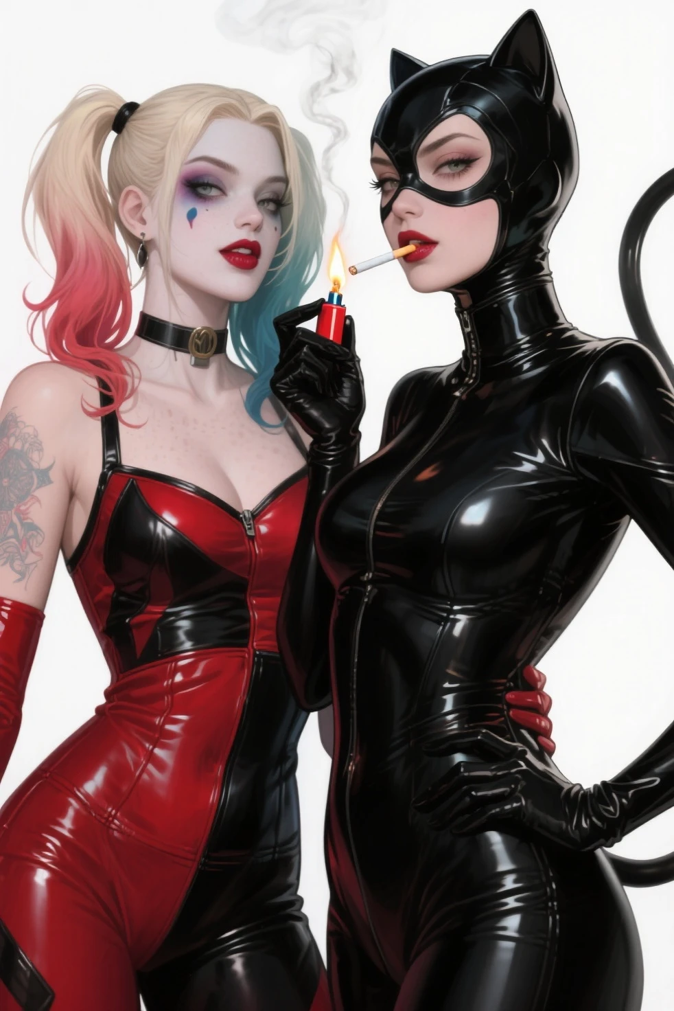 4k, digital drawing, improve quality, a drawing of two women in black and red outfits, Black and White and Red, red and black and white, J. Scott Campbell, by Bill Ward, J.. Scott Campbell, beautiful comic art , by Ryan Stegman, White and black, by Bruce Timm, inspired by Bruce Timm, spider woman!!!!!, red black and white, comic book pinup style