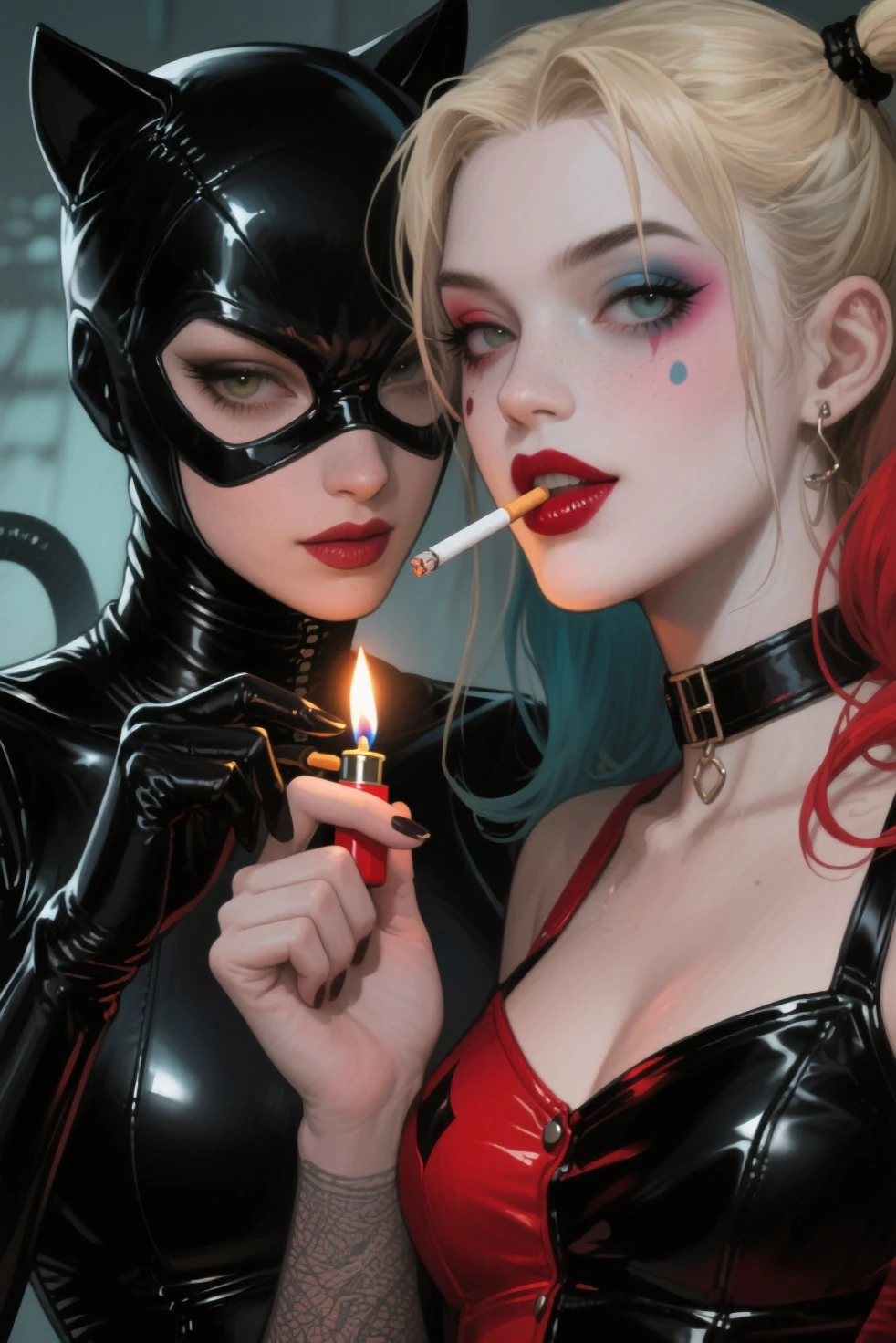 Catwoman image in comic book style, gatubela mask, Thin texture, blond hair brown eyes symmetrical and delicate facial features white skin, with a tattoo machine in hand. Tattooing another woman&#39;s leg as she sits on a tattoo table. Inside a tattoo parlor where you can see a neon sign with the message Incense Tattoo.