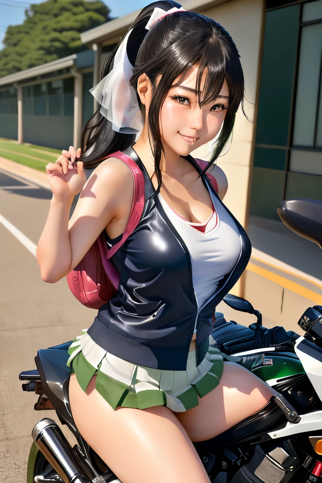 Japanese woman in school uniform posing on motorbike, beautiful high school girl shedding tears, mini skirt、ponytail、white panties、Kawasaki Ninja、Ninja250、Ninja KRT Green、a hyper REAL SCHOOLGIRLS , leather tank top、hyper REAL SCHOOLGIRLS , Charming Anime Girls, Anime Girl Cosplay, REAL SCHOOLGIRLS , anime style and Fujifilm, photoria