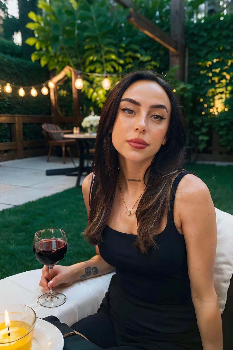 photorealistic, ultra detailed, Sensual young brunette, portrait photo, One, sitting, on the terrace of an elegant restaurant, bright and romantic atmosphere, Night scene, urban city background, The essence of real life, natural bust, twenties, tempting, show highlighted cleavage, decorative lighting, soft focus, warm color tones,best shadow, Vintage style, granularity, Best quality, complex high detail, very detailed, Sharp Focus, detailed skin, realistic skin texture, texture, detailed eyes, professional, 4K, charming smile, shot on Canon, 85 mm, shallow depth of field, Kodak Vision цветной,