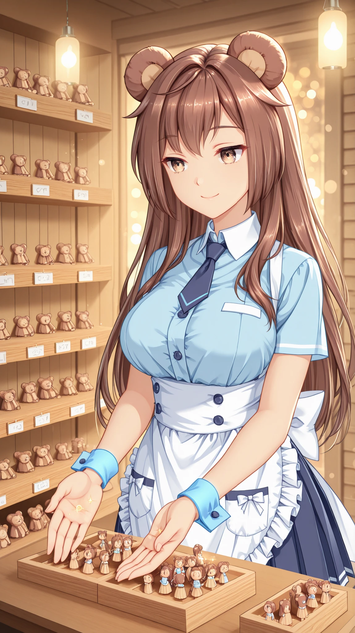 masterpiece, best quality, amazing quality, pifpuf, 1girl, brown hair, long hair, animal ears, bear ears, brown eyes, medium breasts, light blue shirt, white collar, dark blue necktie, waist apron, short sleeves, blue wrist cuffs, back bow, white bow, pleated skirt, light blue skirt, frills, smiling gently, cupping hands, (((tiny enchanted shop on palms))) , mini-store, mini-shop, miniature wooden facade, glowing lanterns, moving toy figures inside, sparkling magic dust, warm golden light, soft bokeh background, fantasy anime style, highly detailed