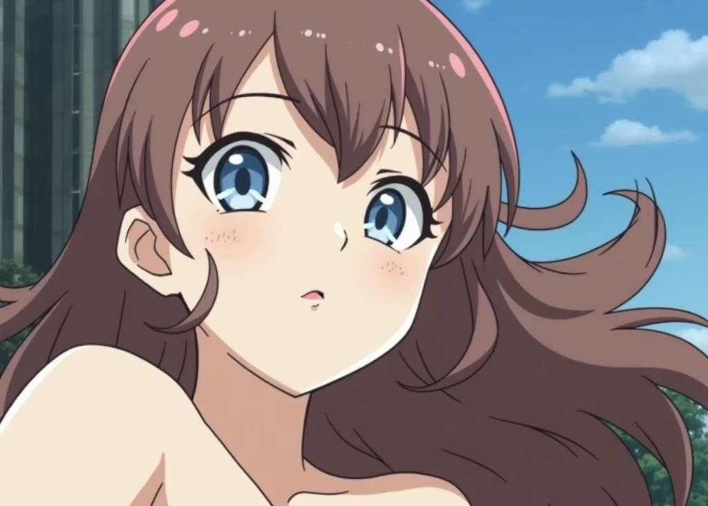 (anime cels style, megami magazine, poster style, best quality, high resolution, sharp image, 8k wallpaper, masterpiece), (beautiful detailed eyes, beautiful detailed face), Mamako, (brown hair, long hair, bangs), blush, (huge breasts), white bikini, (upper body, sitting), simple background, (perfect detailed ???????, perfect detailed body, perfect arms, perfect fingers, shiny skin)