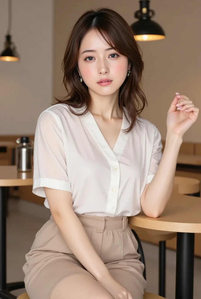 (8k, RAW photo, best quality, masterpiece:1.2), (realistic, photo-realistic:1.37), ultra-detailed,
1 girl,cute, solo,beautiful detailed sky,detailed cafe,night,sitting,dating,(nose blush),(smile:1.1),(closed mouth),large breasts, seductive smile, large aparture, professional lighting, Sony A7R4, Zessie 50mm F1.8, taken by phone,
medium breasts,beautiful detailed eyes,(collared shirt:1.1), bowtie,pleated skirt,(short hair:1.2),floating hair, slightly unbuttoned clothes