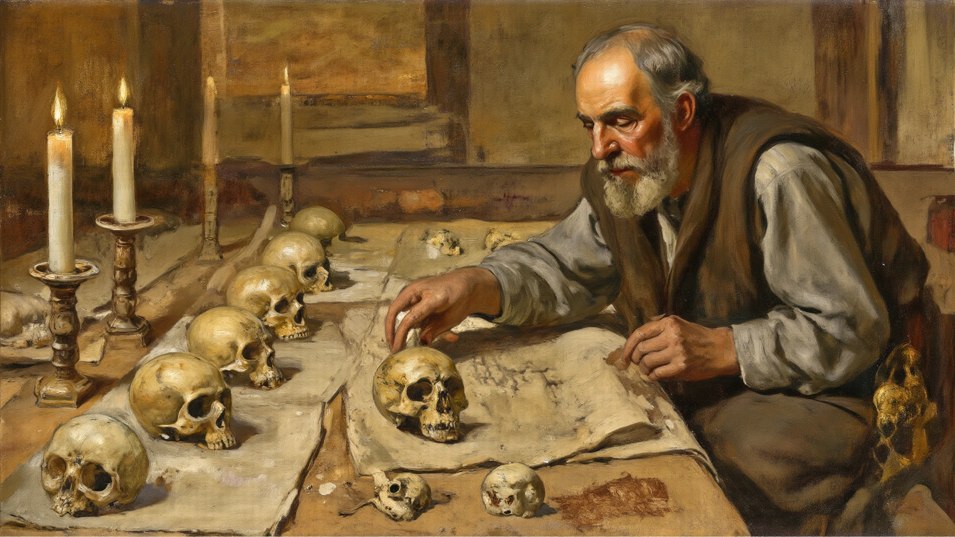 Elderly man with amazement and fear expression holding a skull in Saint Jerome style baroque painting realism artwork