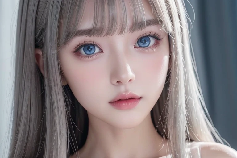 masterpiece, highest quality, 8K, absurd, (Full body view from the front:1.4), ((((beautiful white hair))))、((white haired japanese woman)))、(short wavy gray hair:1.5)、beautiful girl, pretty face, looking at the viewer, laughter, surreal, High resolution, picture, film grain, chromatic aberration, sharp focus, nffsw, face light, dynamic lighting, movie lighting, professional shadow, simple background, (dull gray background:1.4), most detailed, very detailed, super detailed, finely, real skin, delicate features, detailed face and eyes, sharp pupils、realistic student、(Korean、Japanese、Chinese:0.3)、((:1.3))、natural shading、((thin pubic hair))、K-POP idol)Calm and happy like a goddess、(((Breasts out、nipple)))、(((between stranderme)))、Look at the viewer with your whole body