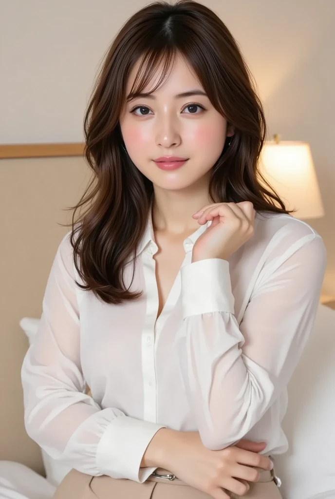 masterpiece, best picture quality, high quality, beautiful girl, Japanese, Japanese school girl, detailed, detailed eyes, detailed skin, beautiful skin, ultra high resolution, (reality: 1.4), very beautiful, slightly younger face, beautiful skin, slender, (ultra realistic), (illustration), (high resolution), (8K), (highly detailed), (best illustration), (beautifully detailed eyes), (super detailed), (wallpaper), (detailed face), looking at viewer, fine details, detailed face, smiling, looking straight ahead, angle from waist up, realistic photo, bright lighting, professional lighting, long hair, mature woman, long stylish bangs, bedroom,