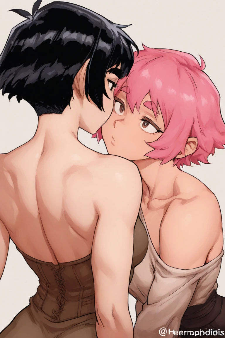 score_9, score_8_up, score_7_up, source_anime, BREAK
2girl, uraraka ochako, ashido mina, lesbian kiss, French kiss, colored skin, purple hair, red hair, green eyes, purple eyes, tongue, lips, chin, nose, close up, upper body, breast press, cleavage, multiple views, standing, ass, navel, collarbone, cowboy shot, nude, choker, rating_questionable
