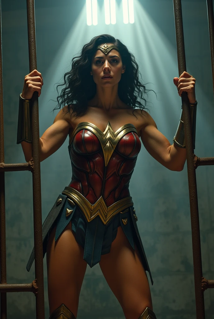Wonder Woman standing, tied up by thugs, (crowded), (mans in background try to tied her:1.2), tied up, (Wonder Woman:1.3), (Restrained:1.5), BDSM, (two man tied her up:1.2), angle from side, (dress up) , unnaked, (ropes all over body), (eyes up), (painful), head down