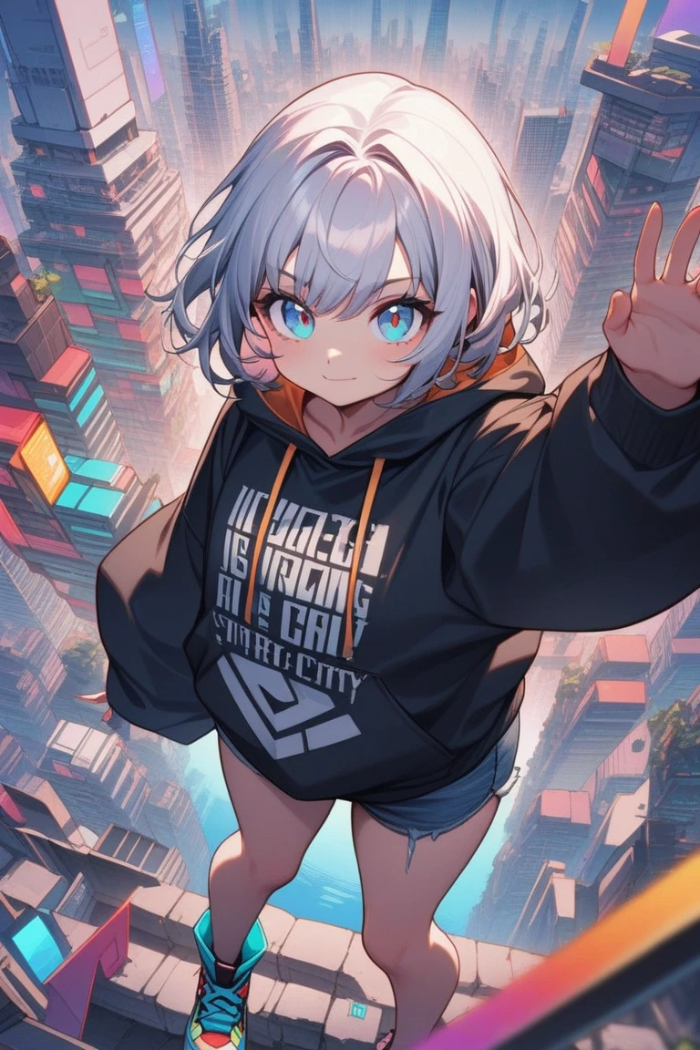 1 cute girl、beautiful silver hair、short bob hair、faint laugh、The girl is holding a huge hammer、A hammer is a girl's strongest weapon、oversized hoodie 、denim shorts、colorful sneakers、digital future city