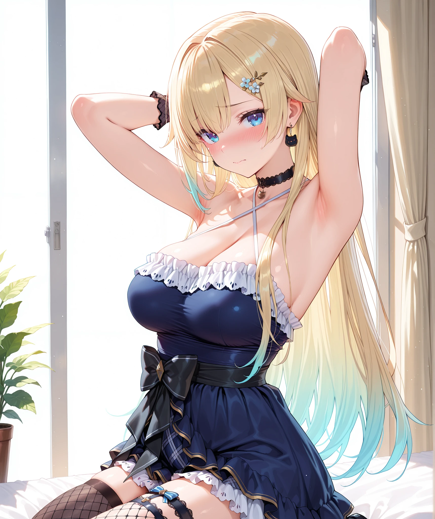 最high quality、Best image quality、masterpiece、With a girl((cute、16 years old、Best Bust、Medium Bust、Beautiful Blue Eyes、Spread your chest wide,Blonde、Slender、The best valley、Blue Tank Top、Blue trousers,Show the whole body、Blue Mesh,swim,smile)）high quality、Beautiful art、background((summertime、large room、cooler、Fan、See-through curtains、White bed、A large number of books)),Tabletop、Exquisite design、Visual Arts、Depth of written boundary、Best lighting、Highest detail、8ｋ
