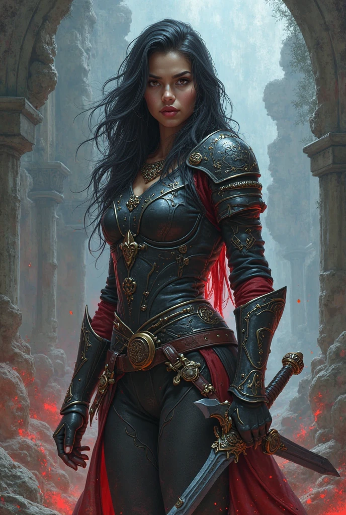 Cartoon a beautiful woman with black hair and red locks is running at night in the courtyard of a palace while it is raining, and she is wearing armor and is stained with many blood in his armor and face, she is scared