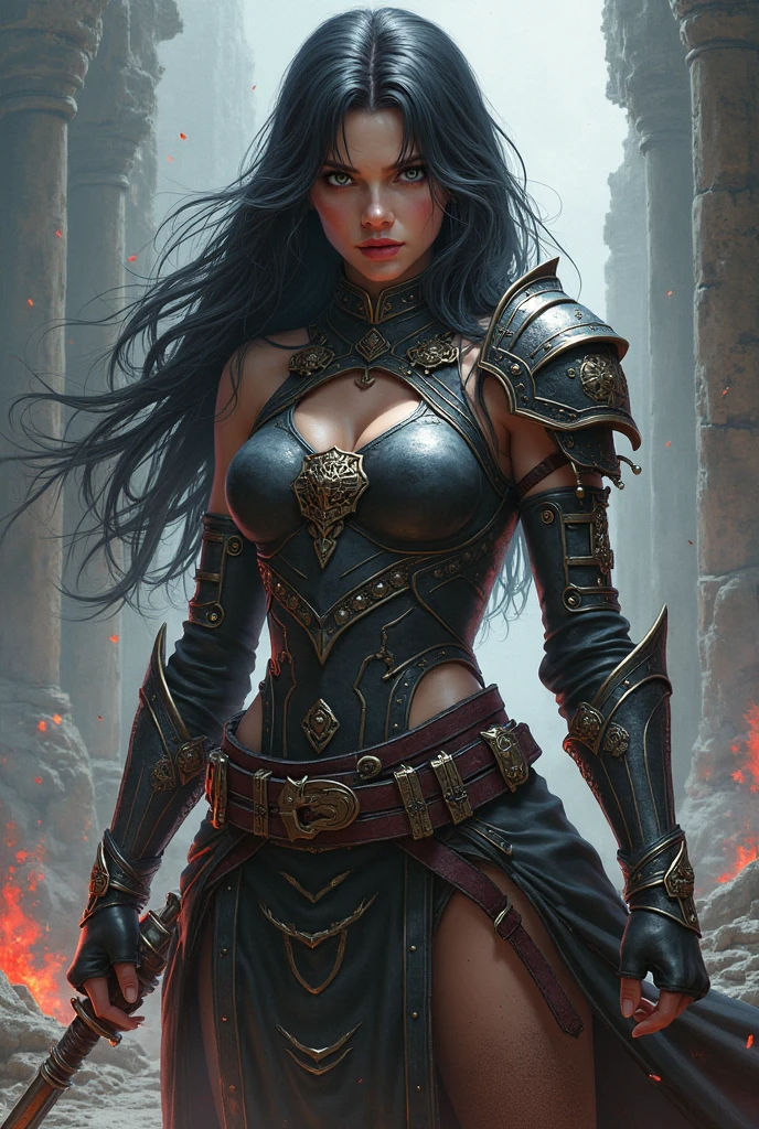 a woman with black hair and eyes, dressed in macabre armor with details of human bones, beautiful female paladin with long hair, night sky, red mist, river of blood, battlefield, icy gaze;