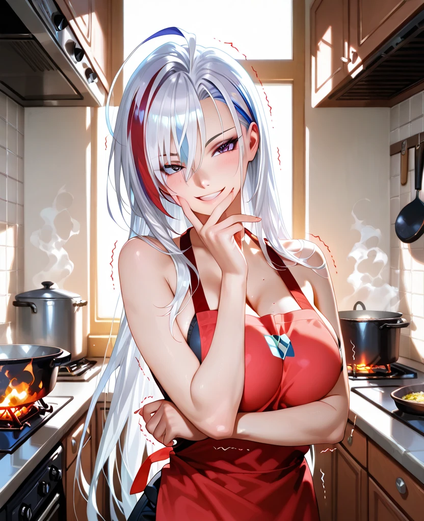 Anime woman with long white hair and large breasts cooking in a super tight red bikini