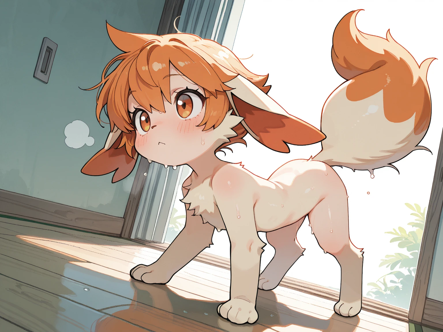 Super high resolution, detailed background, Kemoshota, naked, flaccid, phimosis, kiss to window