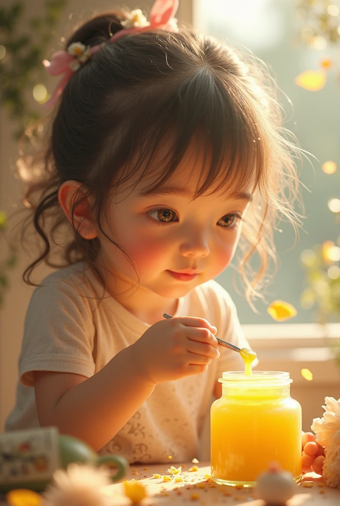 there is a little girl sitting at a table with a drink, lovely digital painting, adorable digital art, cute portrait, Cute detailed digital art, adorable expression, cute kawaii girls, cute 3 d render, Cute cartoon character, cute character, Realistic cute girl painting, Kawaii realistic portrait, Cute cartoon, cute beautiful, Cute anime girl, Cute smile, Cute and lovely