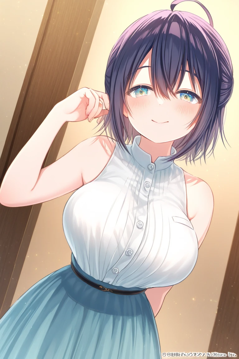 Beautiful katara (Neck ribbon), (Bright red lipstick), elegant, seductive pose, Slim figure, Pink Cheeks, Pearl Necklace, Earrings, Cute Smile, ((blue leotard with skirt)), Small breasts, Small breasts, Flat Chest, Browsing Caution, (Highest quality,4K,8k,High resolution,masterpiece:1.2),