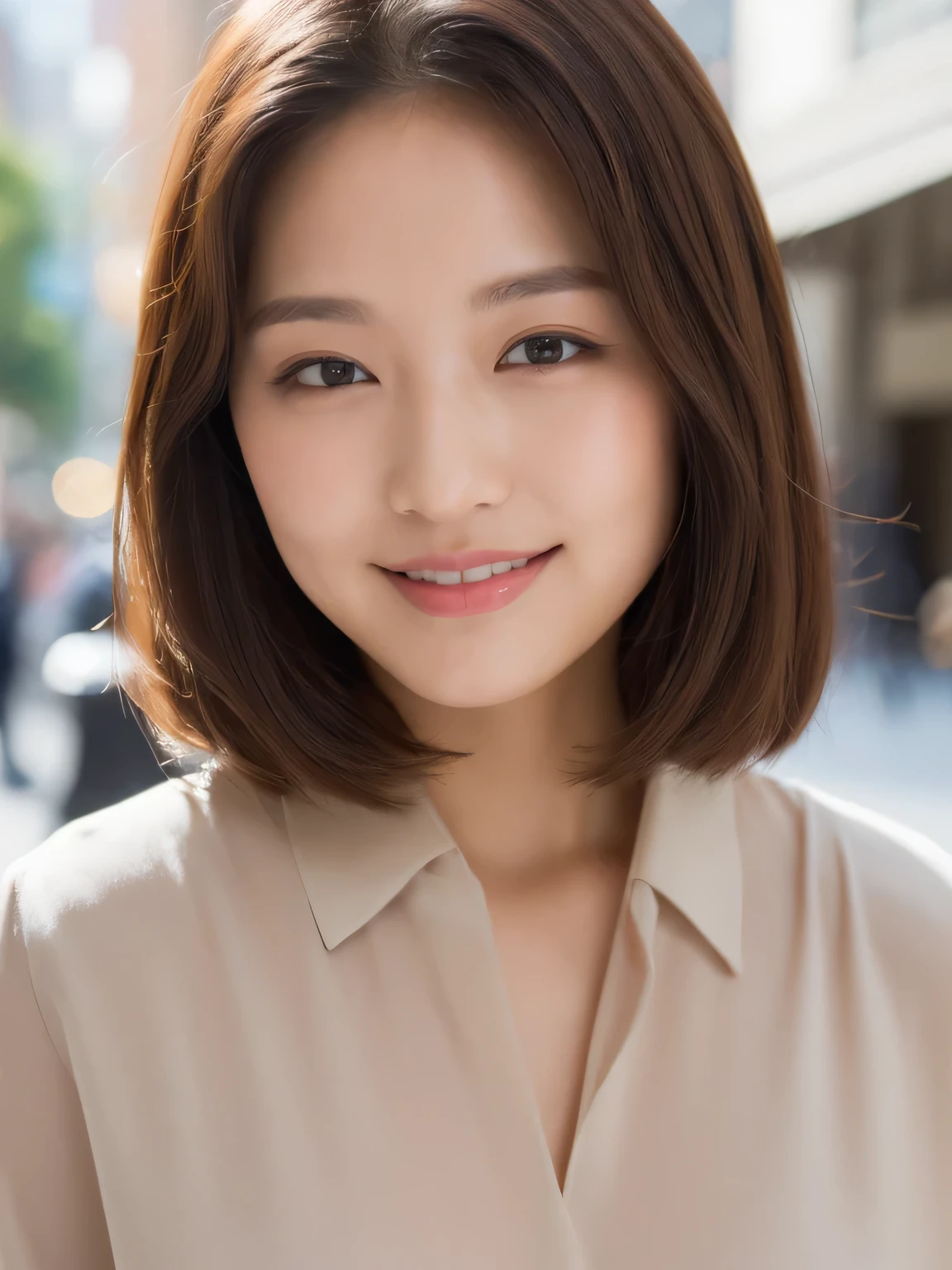 Highest quality, figure, Very detailed, In detail, High resolution, 8k wallpaper, Perfect dynamic composition, Beautiful attention to detail, White button-front blouse,Wolf Cut Hair, Natural color lip, Random and natural poses,smile,Aoyama Street Walk、40-year-old woman,The first button of the blouse is unbuttoned,Lips are thick and rosy,Let your bangs hang down,Eyes are long and narrow
