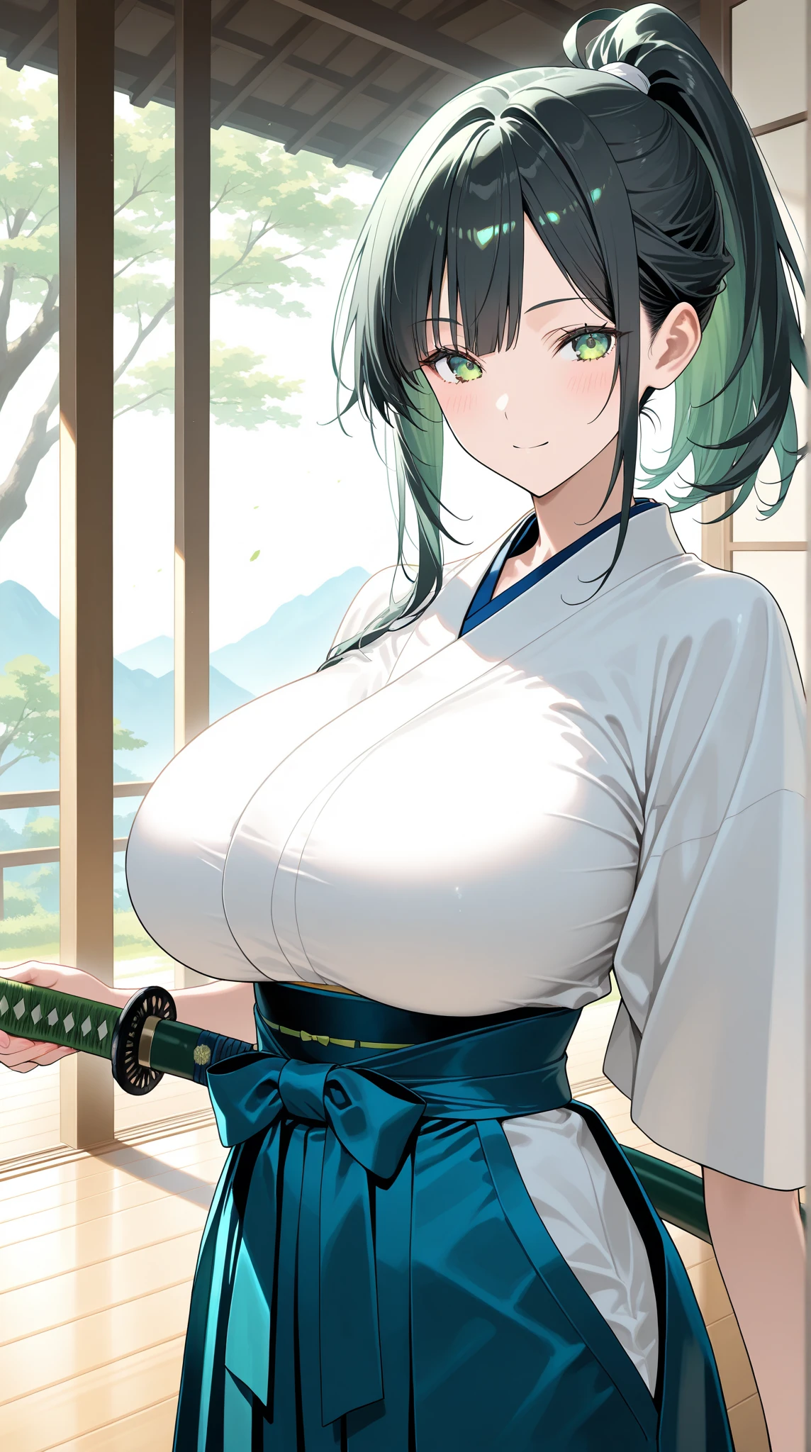 Black Hair,ponytail,Japanese sword,kimono,Knitting hat,Big Tits,Hakama,clothed,japanese clothe,abs,,,,,