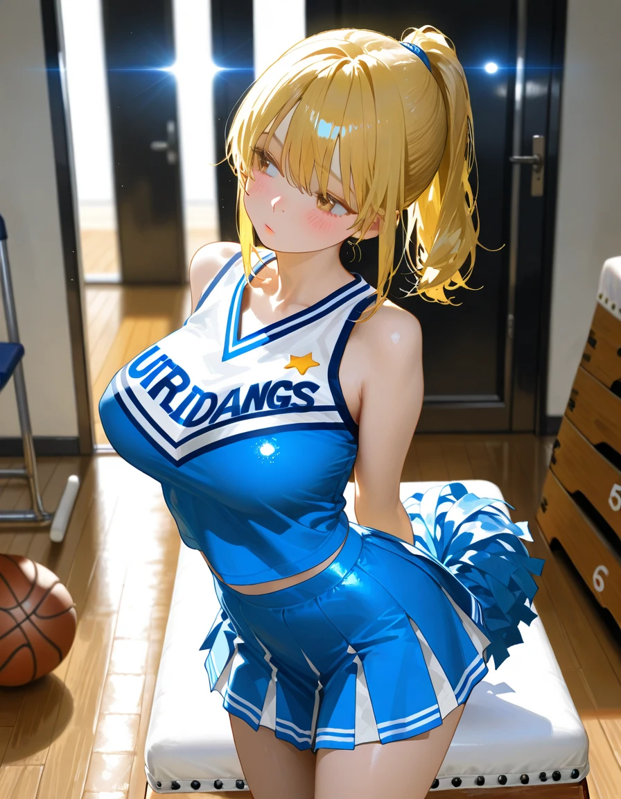 (masterpiece:1.5), (top-quality:1.5), (16k wallpaper:1.2), (Photo realistic:1.2), (ultra-detail art:1.2), (high resolution:1.2), (Highly detailed and realistic skin:1.2), (she spreads her slender legs), asuna, blue eyes, long hair, halo, hair over one eye, 1 cheerleader, Very detailed and beautiful sharp eyes, Powerful and beautiful eyeshadow, (Slender woman with body shape:1.2), Natural Color Lip, (long blonde high ponytail covering one eye), (white sleeveless cheerleading shirt:1.2), nsfw, (Ahe-face:1.3), (Overflowing sperm:1.2), (teal cheerleading miniskirt:1.2), (cum in pussy:1.5), track-and-field arena, ((mob cheerleaders))