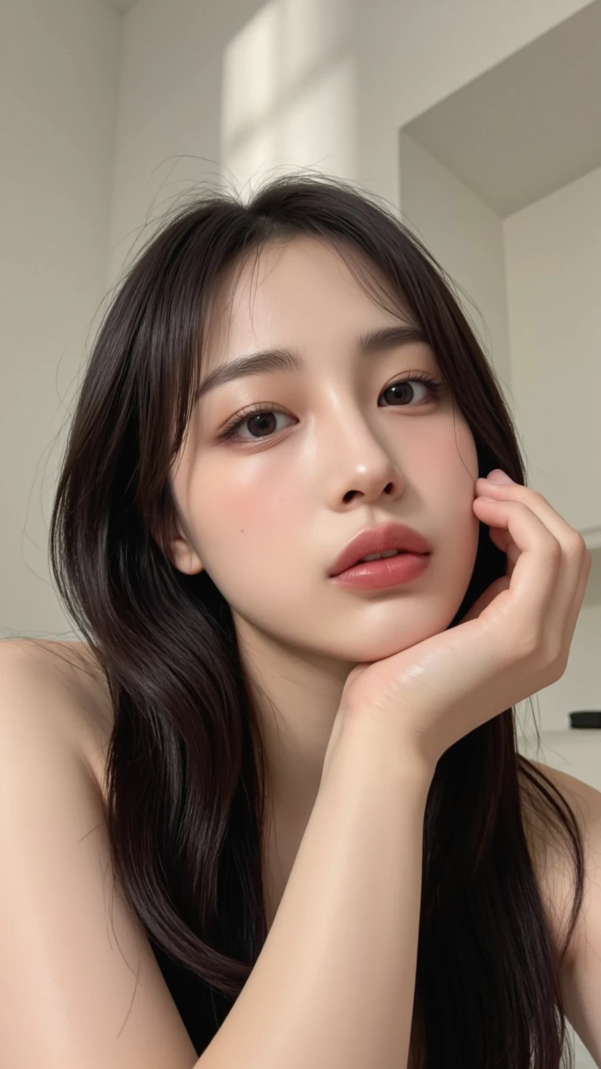 ​masterpiece、top-quality、realisitic、(A hyper-realistic), (illustratio), (hight resolution), (8K), (ighly detailed), (The best illustrations), (beatiful detailed eyes), (top-quality), (ultra-detailliert), (​masterpiece), (wall-paper), (详细的脸), a bed、Upper body close-up,Armpit, Angel Lip,Plump,独奏,（Wearing a plummeted open shirt of white silk:1.5）, full of sweat, japanes, large full , (camel's toe)、huge-breastery living room、Detailed white teeth、ultimate beauty girl、No bra、（Thick necklace of gold）、perfect teeth、Brown hair、Light makeup、Navel、Seductive look、