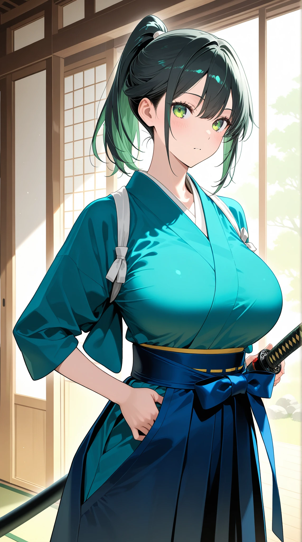 score_9, score_8_superior, score_7_superior, score_6_superior, sauce_Anime BREAK 1 Girl, Defrin only, Green Hair, High Ponytail, Blue clothes, Short sleeve, sash, Side slits, Fingerless gloves, Big Breasts, I'm watching you, Field, blue sky, Mountain々, Happy, superiorper body