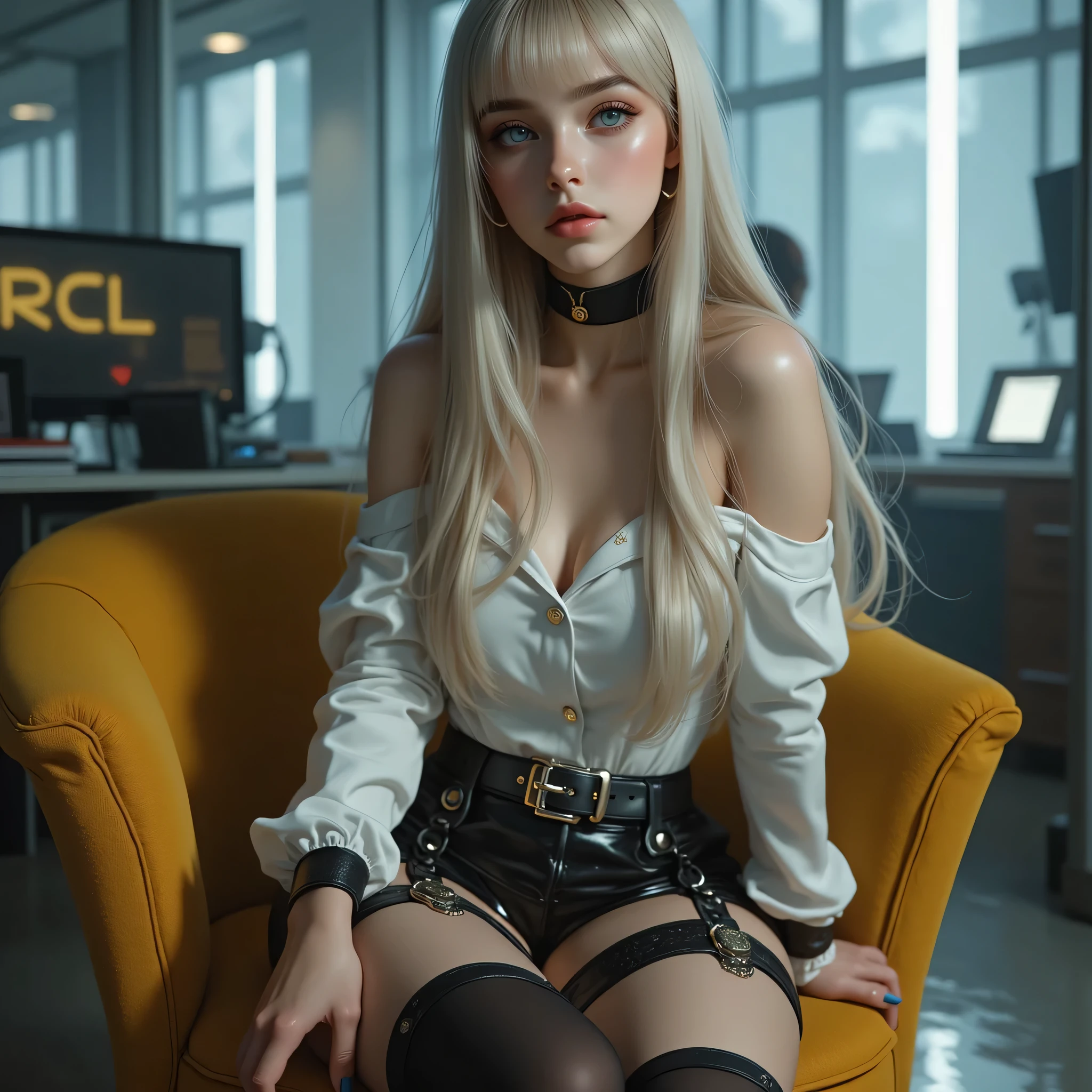 russian beautiful girl in silver and black specdi and small cleavage line, medium breast, beautiful blue eyes, jeans,
