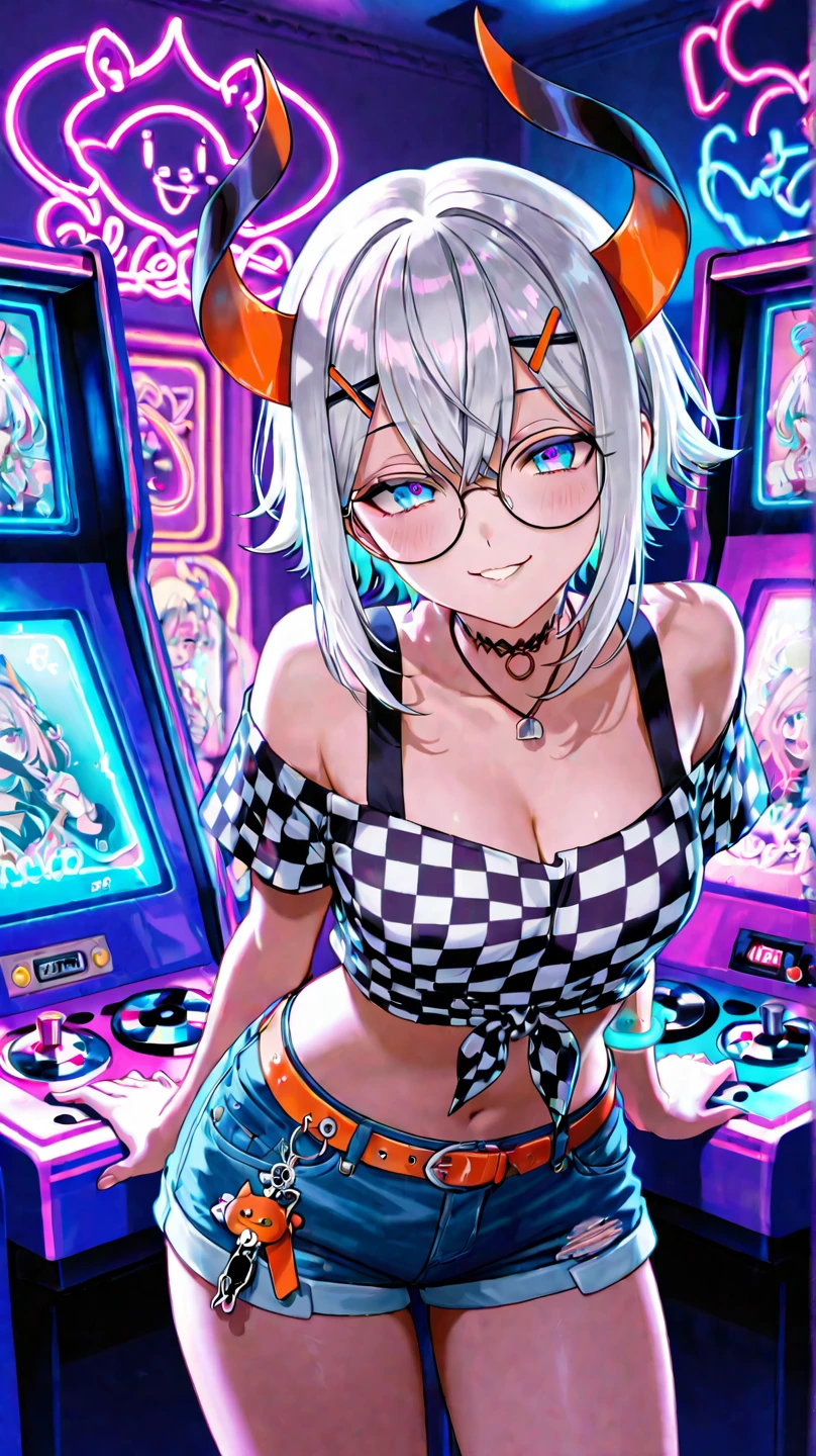 There is an image of an anime woman in a blue top and blue headphones, 1girl in, Solo, Her eyes glow blue, cleavage, Covered , Short hair, Lustrous blonde hair, Looking at Viewer,Glossy leather jacket、 Fur trim, Large breasts、The sheen、Reflectors、neons、cyberpunked、shine、shiny、Tecateca、shiny、searchlight、metalic、Oily skin、rainbow、Cocktail Beam、irradiation、intergalactic、night sky full of stars、mirror ball、Sparkling furniture、reflection、Luminescent、Laser beam、seashells、Cosmetics with glitter、Fluorescent color、blacklight、ultra violet