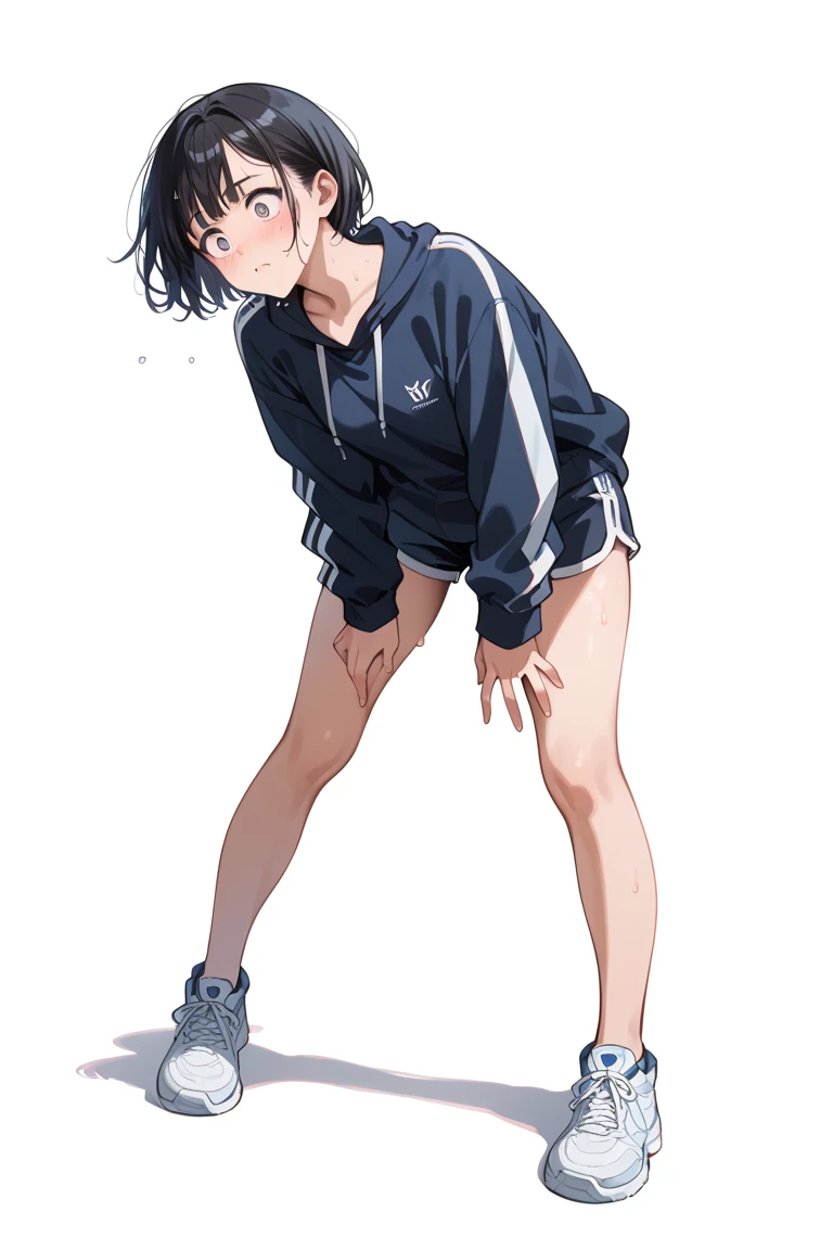 woman,20-year-old,Sports field(((spats,sports bra))),,closed mouth smile,(),((sports shoes)),((black hair)),blush,,((sit with legs wide apart))(wet with sweat)