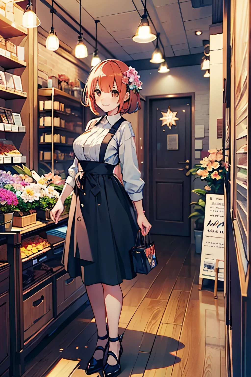 orange bob hair、brown eyes without goods、petite、young、Big Breasts、Full Body、One person、Smiling、Cute flower shop clerk、 many kinds of flowers are lined up 、A small flower shop in the city、4k art,professional,Studio Lighting,ultra-detailed depiction,Physically Based Rendering,vivid colors