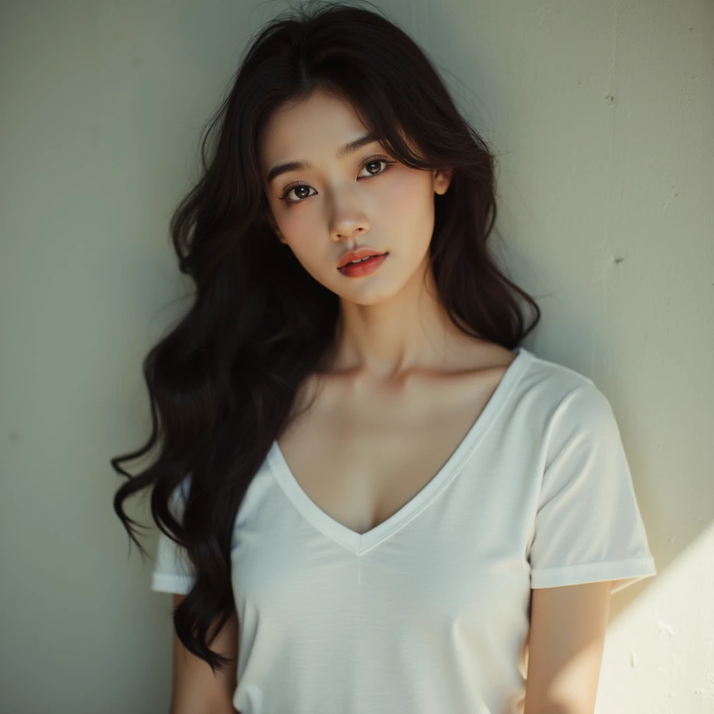 Highest quality、masterpiece、Ultra-high resolution、(Realism:1.4)、 1 person、In a pale background、Deep Shadow、Low Key、Shortcuts、Upper Body、sex appeal、Wearing a thick T-shirt、Cosmetic CM