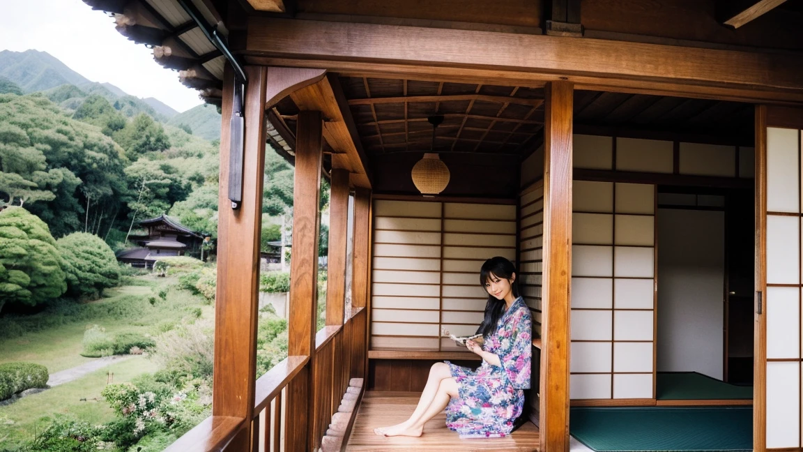 Enjoying tea Health Family Reliable domestic production Health management Peaceful Quiet Relaxing Calmness Sitting alone in a chair and drinking tea Calmly in the shade of a tree in the house during the day Japanese house Photo distant view A little sleepy --auto --s2