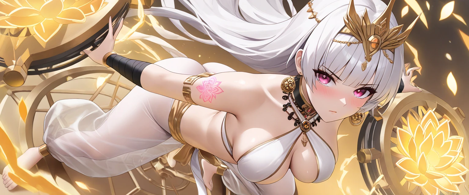 1girl, sword, katana, weapon, breasts, long hair, sheath, solo, zoom layer, looking at viewer, purple eyes, unsheathing, large breasts, holding, wide sleeves, japanese clothes, holding sword, full body, hair ornament, cleavage, thighs, white dress, mole, long sleeves, very long hair, gloves, white hair, bangs, sheathed, black footwear, coatfull body, night sky, dark, stars, starry sky, milky way, lights, light particles, fairy, standing, <lora:ijnUnzenV1.0:0.8>, ijnunzen, one eye covered, smile, blushed