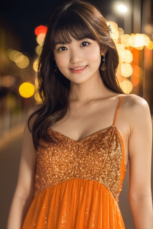 highest quality, figure, super detailed, finely, High resolution, 8k wallpaper, 完璧なダイナミックな構figure, beautiful skin, (big eyes), 20 year old beautiful girl, natural color lip, (sexy pose), mid chest, smile, Highly detailed face and skin texture, Detailed eyes, Double eyelid,leaking teeth and laughing, close-up, medium brown hair, (bright yellow suit), (blouse:1.2), night view