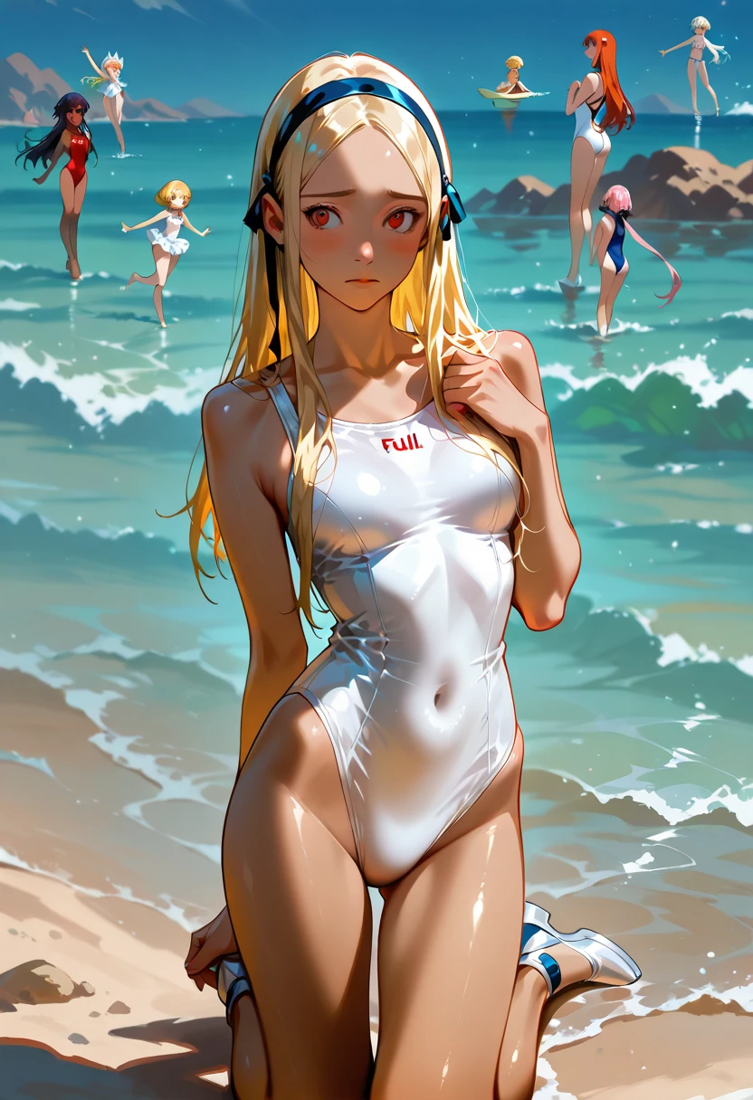 Creates a blonde woman long hair up to shore sitting on the edge of the beach in a light pink bikini studying with hetset headphones in her ears listening to music --auto --s2