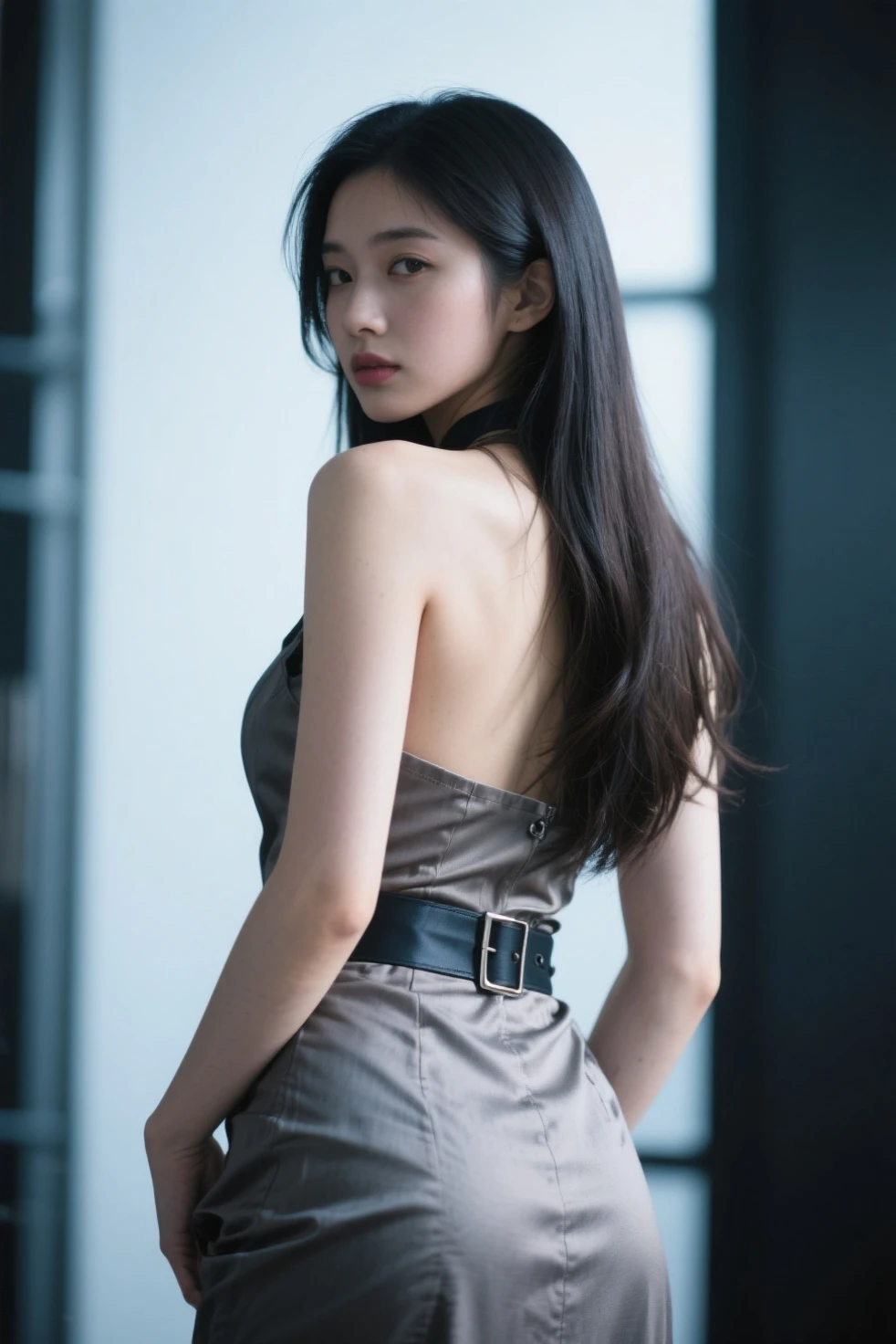 A seventeen-year-old girl from the 5th century, time of feudalism. She has straight black hair that flows smoothly down her back to her knees.. Your eyes are deep and dark like obsidian, displaying a look that conveys mystery and a certain vulnerability. Your skin is pale, contrasting with the darkness of her hair and eyes, and her slender body reveals a delicate fragility, as well as an inherent agility. The prominent clavicle reinforces its fragile appearance. Dressed to withstand the cold, mild climate of your region, She wears dense, dark-toned dresses, that complement your nobility. Clothes are made from rich, heavy fabrics, suitable for the aristocracy of the time, and possibly adorned with subtle details that indicate their noble origin.