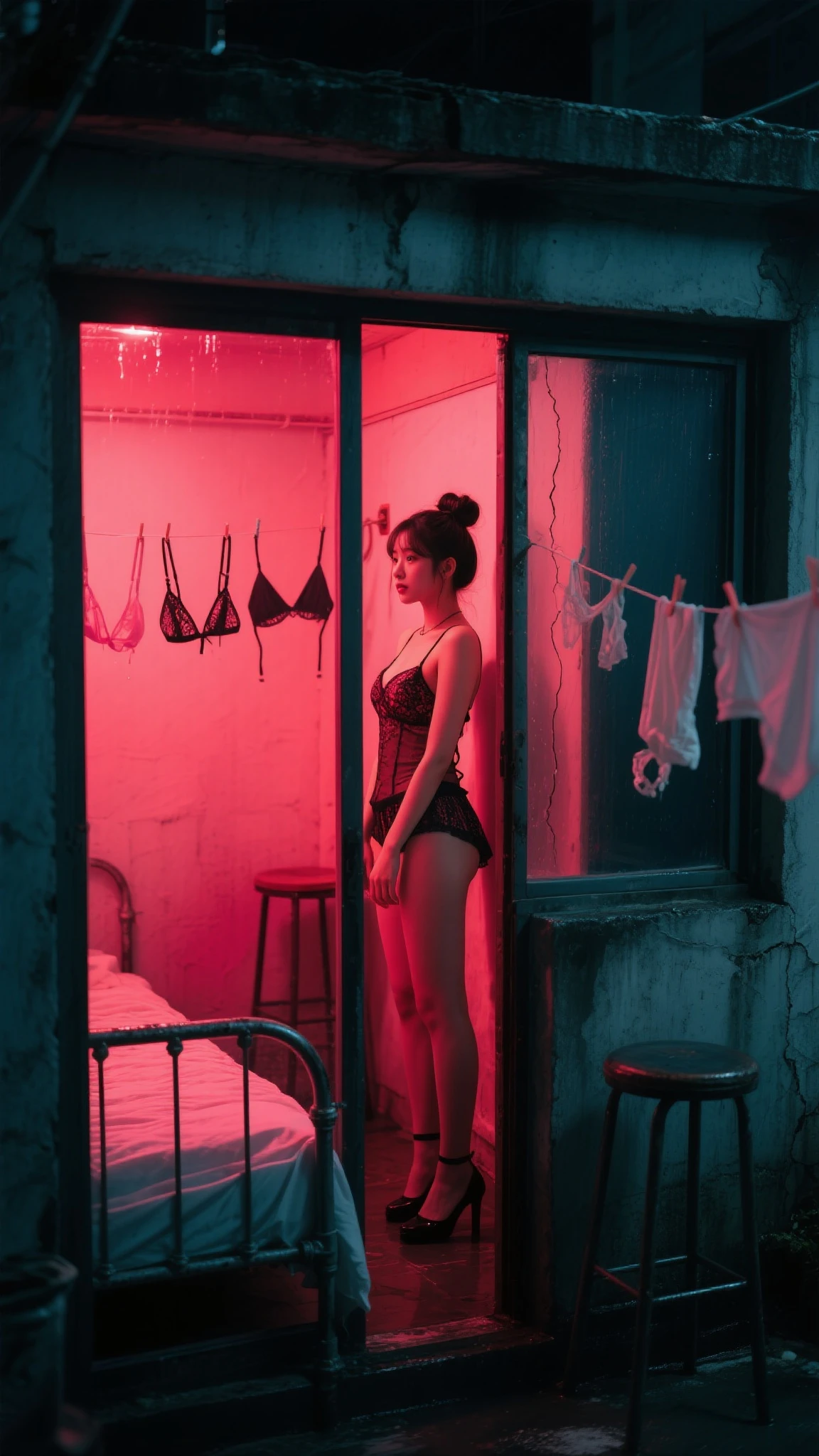 photograph (lofi, analog, kodak film) by Brandon Woelfel Ryan McGinley (from below:1.4). 19 year old females models, (((messy short hair:1.3))), slim waist, (((thinspo body:1.6)), deep photo, depth of field, Superia 400, shadows, perfect face and body, dark, nighttime, dark photo, grainy, seductive smirk, american girl, ,photo r3al, wearing a transparent sexy and naughty lingerie full_body, inside an abandoned jailhouse , black and red neon colors in the background, collar bone, slim waist, flat stomach, pubic hair
(((small breasts:1.3))) sitting on a big red leather couch, mist and smoke in the place, wet and soaked,
