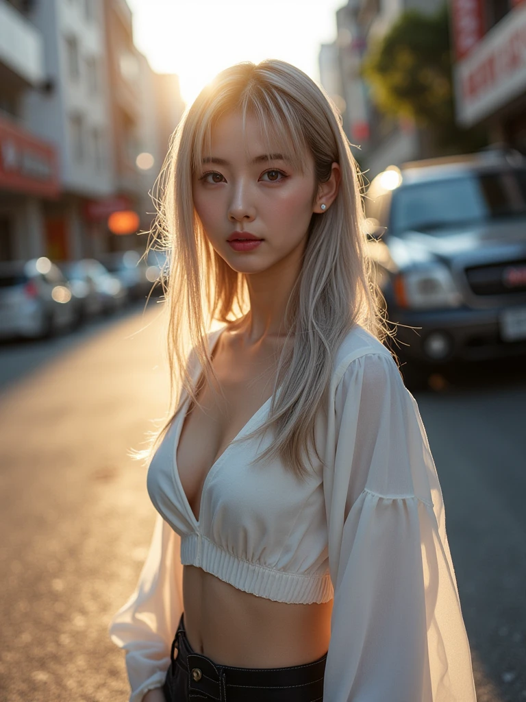 tmasterpiece,Highest image quality,super detailing,(1 Sister), The beautiful, amazing face and eyes, Cosmetics for a refined and beautiful face), (The best look), (Beautiful big breasts:1.1), (Best quality at best:1.4), (ultra - detailed), (extremely detaild的 CG unified 8k wallpapers), Very meticulous, RAW photogr, professional photoshooting, ((buisness suit)), (Open business shirt),blond hair blue eyes,Outdoor sports, (down town, nightcity, rays of moonlight), (nigh sky), depth of fields,Nude,