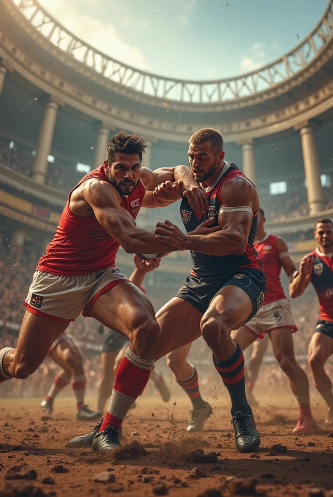 8k,8K resolution,2 Muscular Europeans, handsome man,charming eyes,White skin,beautiful, smooth and shiny,Full pectoral muscles,Thick body hair,naked, white pants,Big bag highlights,emphasize,Wearing gym shorts,naked,Playing football on the field with many people,(Two men running with footballs at their feet),Many people are chasing,Colliding,best quality,professional lighting,Professional photography,Realistic photos,realistic model,realistic art