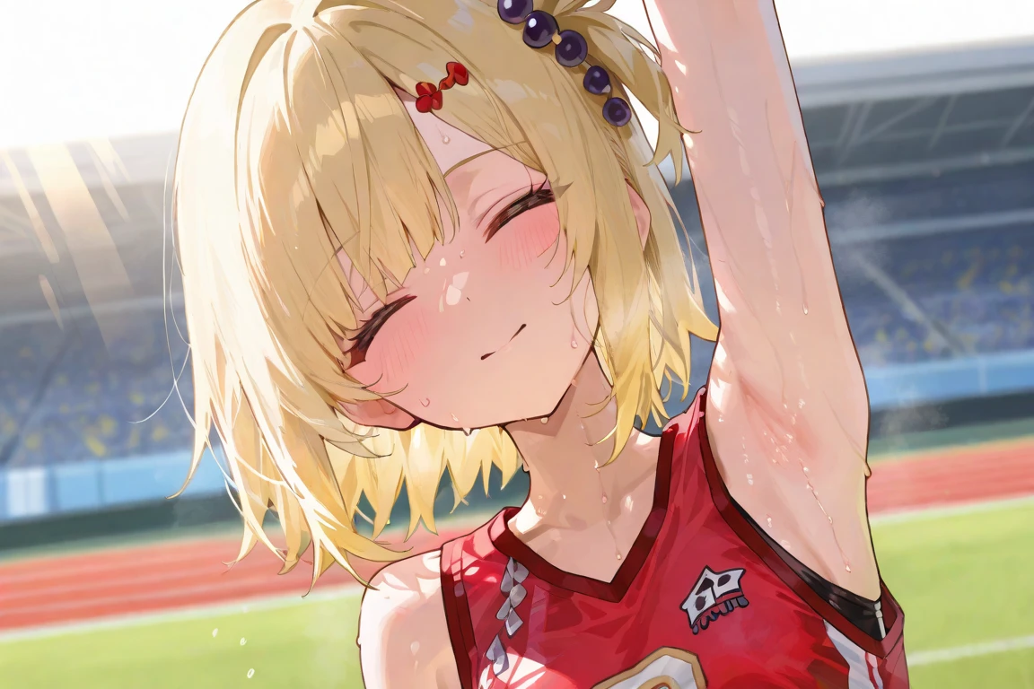 masterpiece, best quality, Natural Volumetric Lighting And Best Shadows, Deep Depth Of Field, Sharp Focus, Sharp Eyeliner, (Highest Quality, Amazing Details:1.4), Masterpiece, Bloom, Picturesque, Brilliant Colorful Paintings, looking at viewer, nero claudius (olympian bloomers) (fate), 1girl, open mouth, one eye closed, blonde hair, ahoge, solo, buruma, gym uniform, navel, name tag, headband, shirt, smile, hair intakes, day, braid, outdoors, sky, hair bun, breasts, huge breasts, french braid, bangs, single hair bun, short sleeves, red buruma, white shirt, blue sky, confetti, red headband, cloud, cowboy shot, string of flags, v-shaped eyebrows, hair between eyes, :d, gym shirt