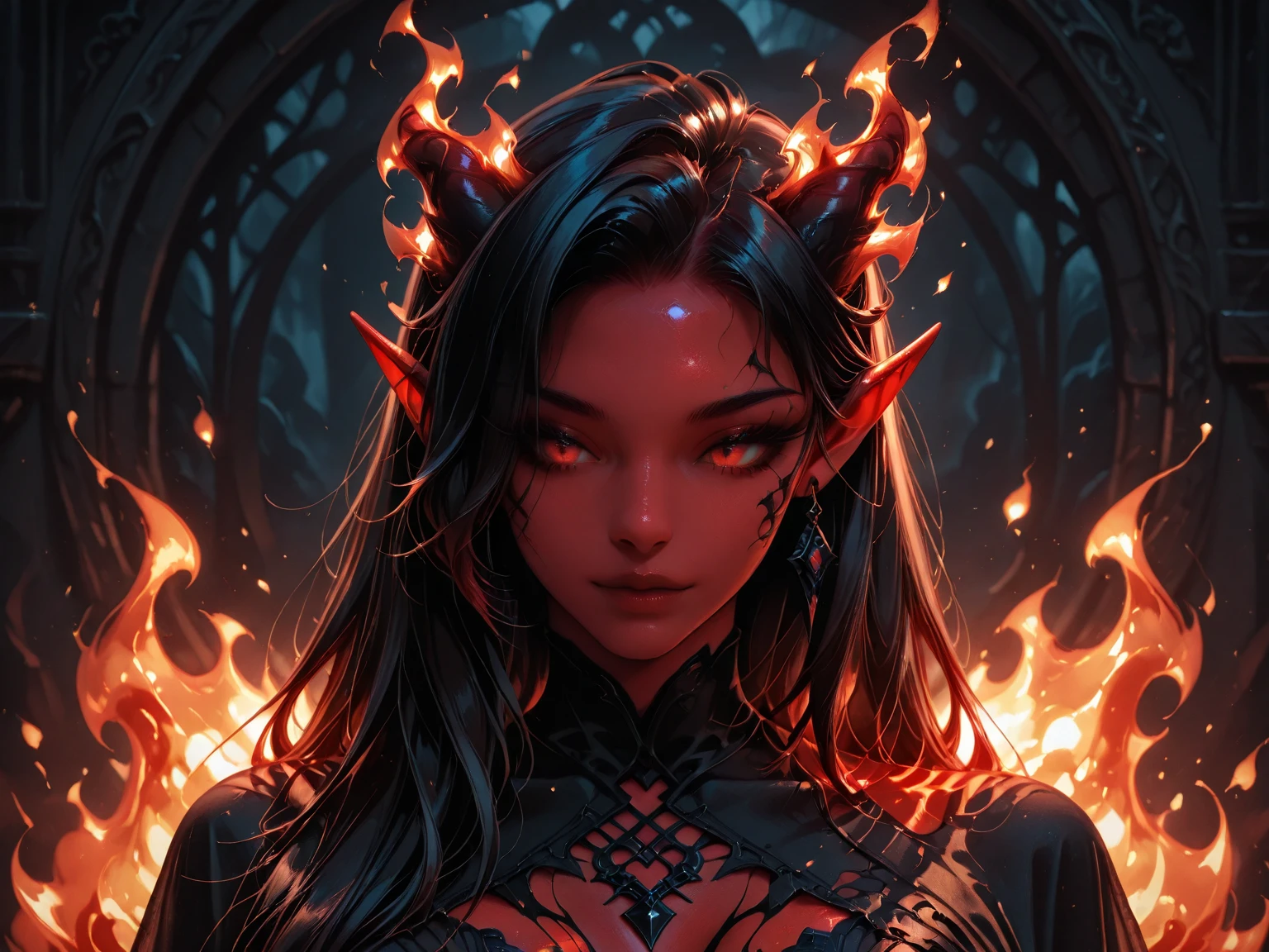 Arafed a dark glamour picture of the queen of demons in the halls of hell, full body shot, a demons queen magnificent and full of awe, black hair, long hair, flowing hair, bold intense eyes, extremely exquisite beautiful queen, perfect body, (anatomically correct: 1.3), ultra feminine, ultra detailed face, black lips, fiery glowing eyes, (demonic horns from head: 1.1) , (red skin: 1.3), dynamic angle, there is (golden crown on her head: 1.1), studded with diamonds and rubies, the hall of the queen of hell background, (masterpiece: 1.4) intense details, highly detailed, photorealistic, best quality, highres,16k, [ultra detailed], masterpiece, best quality, (extremely detailed), close up, ultra wide shot, photorealistic, RAW, fantasy art, dnd art, fantasy art, realistic art,((best quality)), ((masterpiece)), (detailed: 1.5) faize, intense gaze, ral-ntrgmstn, RedGlitter