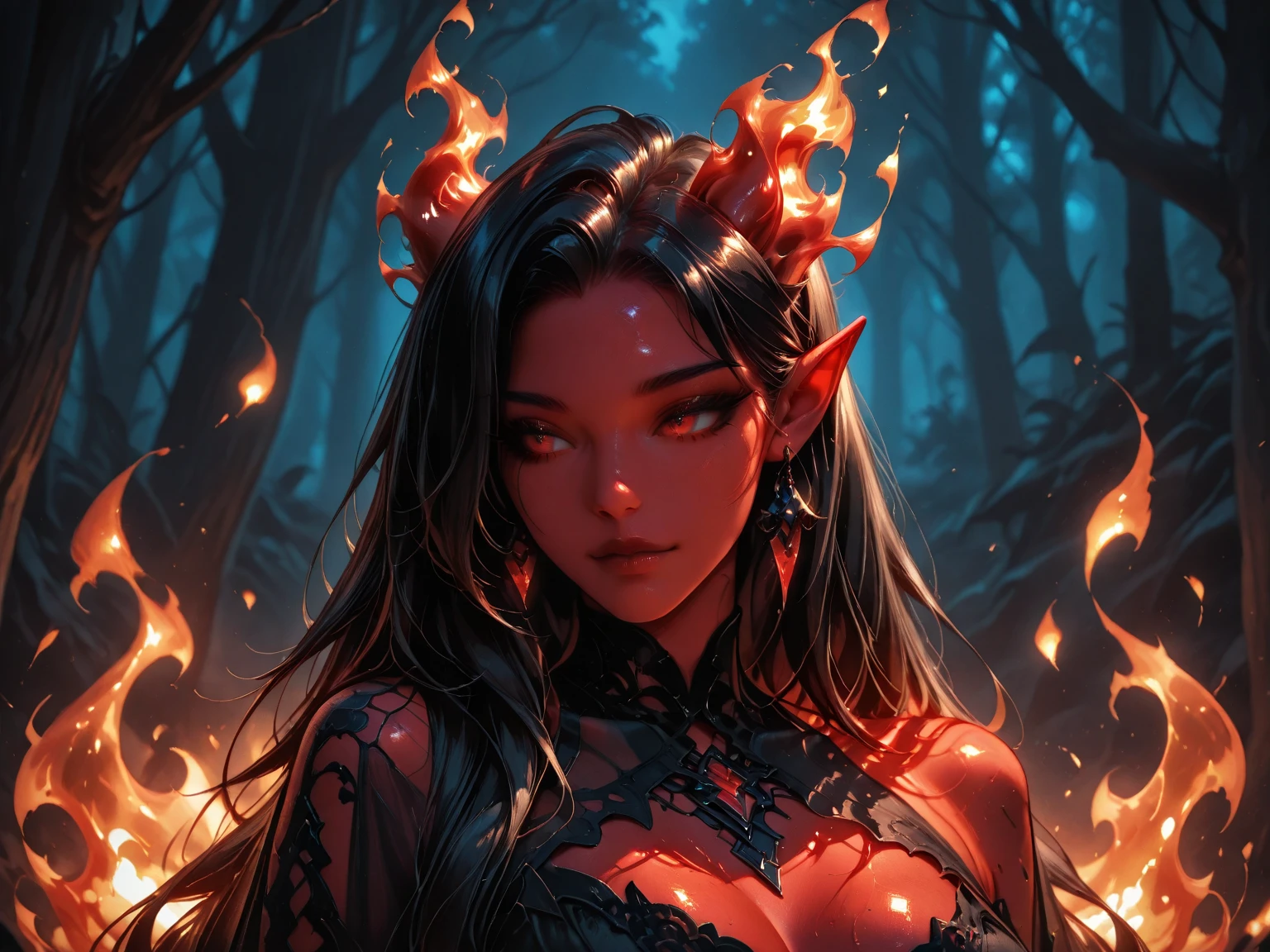 This (realistic fantasy) art contains embers, real flames, real heat, and realistic fire. Generate a masterpiece artwork of a petite female fire druid with large (((orange and gold))) eyes. The fire druid is awe-inspiring with beautiful ((realistic fiery eyes)) alight with confidence and power. Her features are elegant and well defined, with ((soft)) and (((puffy))) and (((smooth))) lips, elven bone structure, and realistic shading. Her eyes are important and should be the focal point of this artwork, with ((extremely realistic details, macro details, and shimmer.)) She is wearing a billowing and glittering gown ((made of realistic flames)) and jewels that glimmer in the fire light. Wisps of fire and smoke line the intricate bodice of the dress. Include bumps, stones, fiery iridescence, glowing embers, silk and satin and leather, an interesting background, and heavy fantasy elements. Camera: Utilize dynamic composition techniques to enhance the realistic flames.